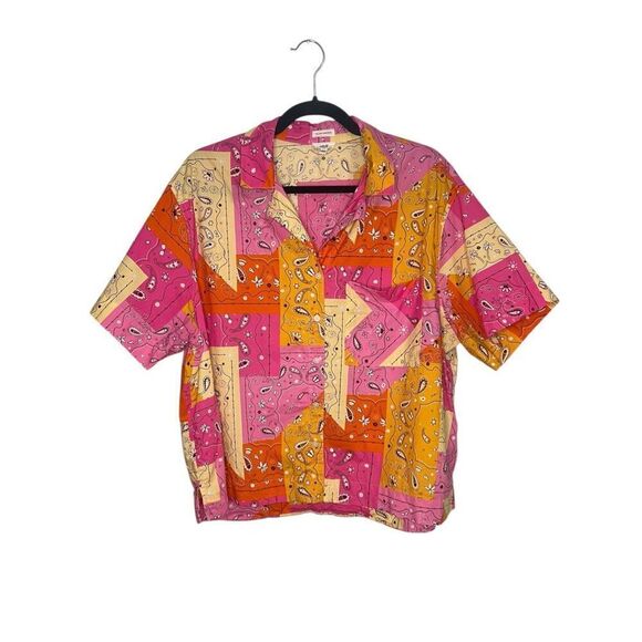 Aerie Women’s Large Poplin Pajama Top Button Front Patchwork Paisley Lounge - Picture 3 of 6